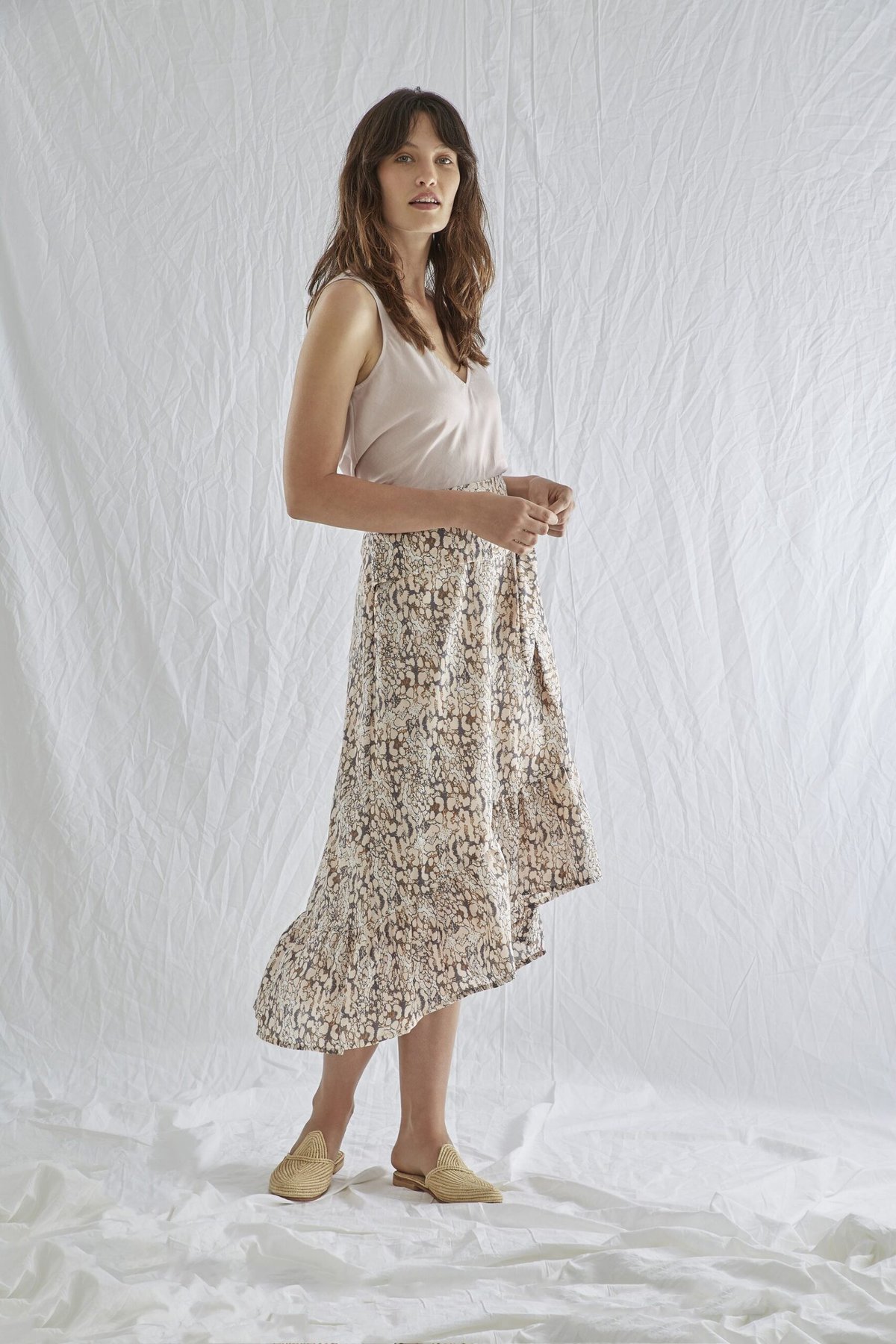 sabatini lookbook photography white top patterned flowy skirt